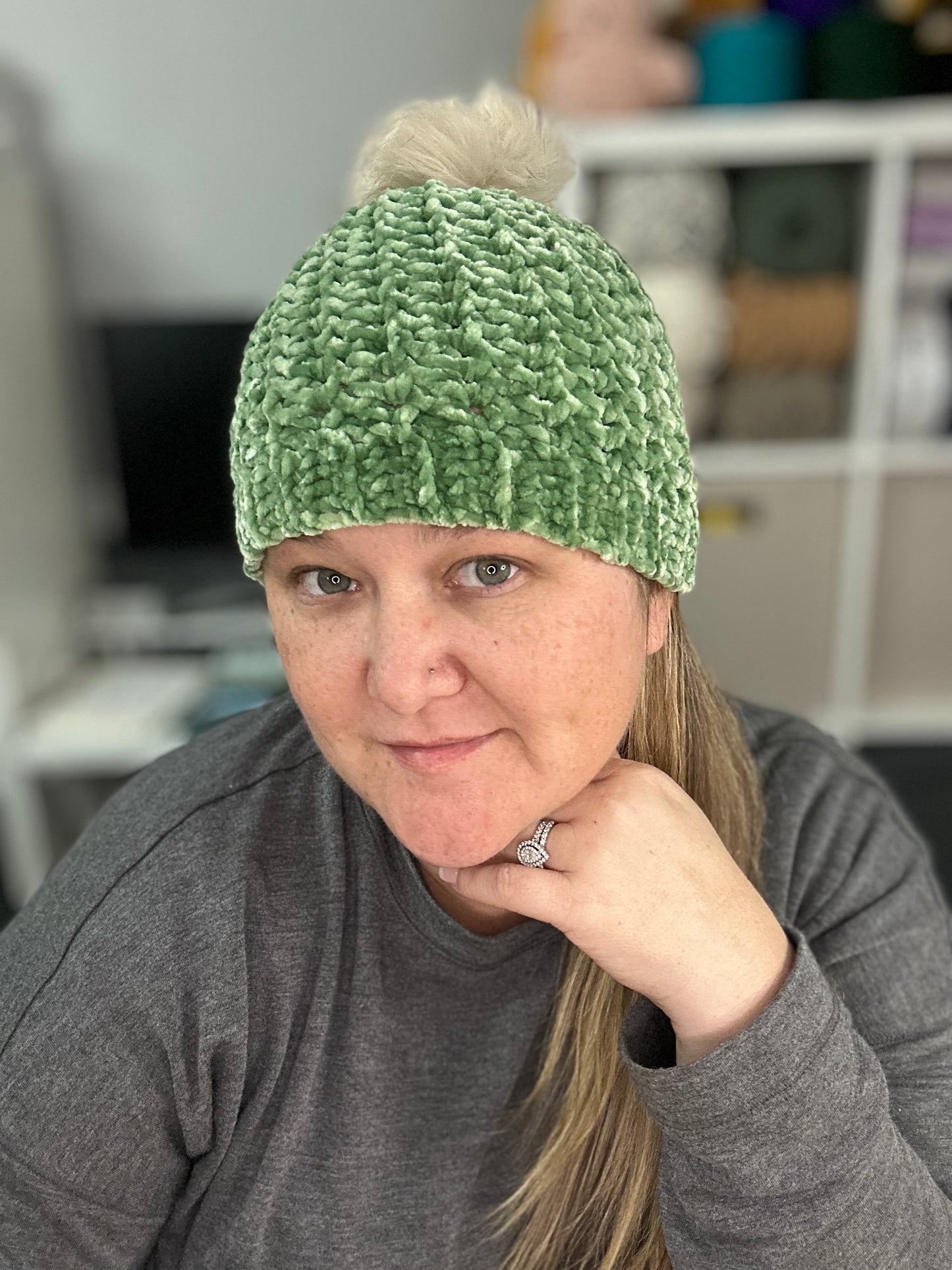 Lux Velour Crochet Beanie with Pom