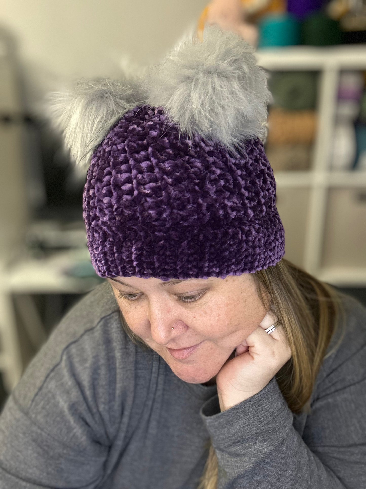 Lux Velour Crochet Beanie with Pom