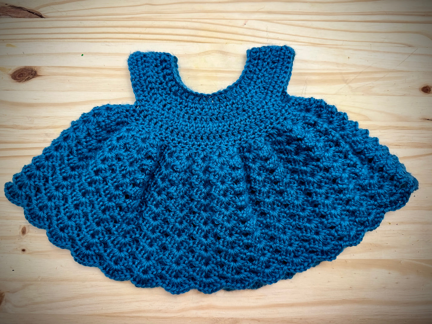 Handmade Crochet Baby Dress – Teal (0-3 Months)