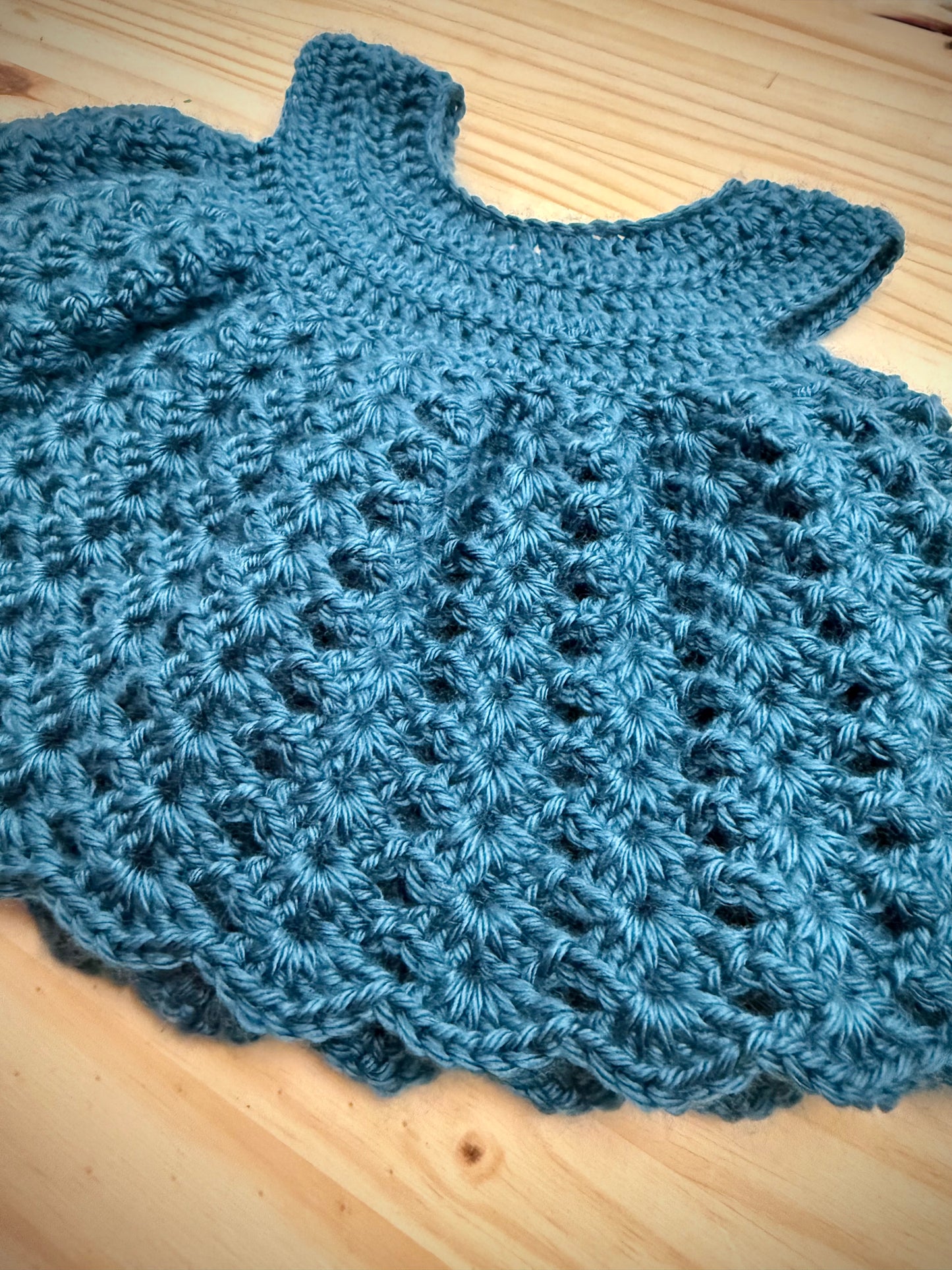 Handmade Crochet Baby Dress – Teal (0-3 Months)